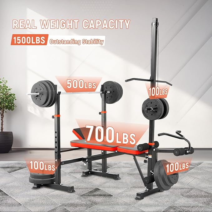 1500LBS 8 in 1 Olympic Weight Bench Set with Leg Extension/Curl and Preacher Curl, Bench Press Set and barbell Rack with Safety Bar Catches, Foldable Workout Benches for Home(US Stock)