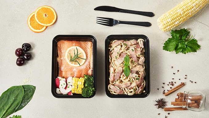 FULIGN 24 oz Meal Prep Containers With Lids Reusable 150 Pack Extra-thick Plastic Food Storage Black Disposable To Go Lunch Box BPA Free Stackable Microwave Dishwasher Freezer Safe