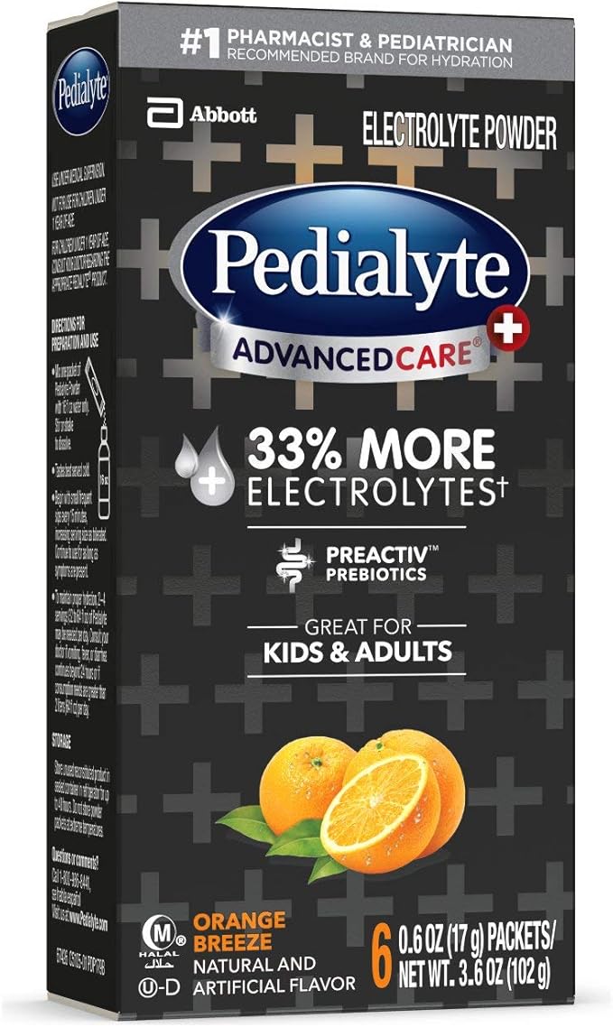 Pedialyte AdvancedCare Plus Electrolyte Powder, Has 33% More Electrolytes and PreActiv Prebiotics, Orange Breeze, 6 Powder Packets