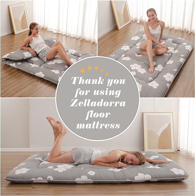 Japanese Floor Mattress, Futon Mattress with Portable Storage Bag and Washable Cover, Roll Up Thick Tatami Mat Suitable for Camping, Guest Room, Grey Cotton, Queen