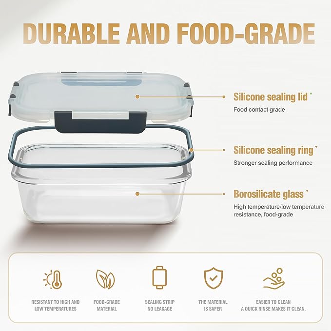 10-Pack Meal Prep Containers with Snap Locking Lids, Glass Airtight Lunch, Food Storage Containers, Microwave, Oven, Freezer and Dishwasher Friendly, Gray