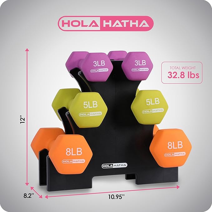 HolaHatha 2, 3, 5, 8, and 10 Pound Neoprene Dumbbell Free Hand Weight Set with Rack, Ideal for Home Exercises to Gain Tone and Definition, Pastel