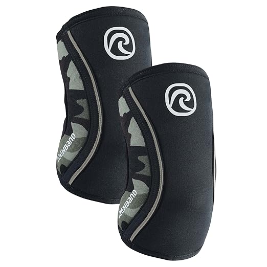 Rehband Elbow 5mm Compression Sleeve, Neoprene Elbow Sleeves for Weightlifting, Anatomical Design, Non-Slip & Close Fitting, Elbow Support Unisex, Colour:Camo - 1 Pair, Size:X-Small