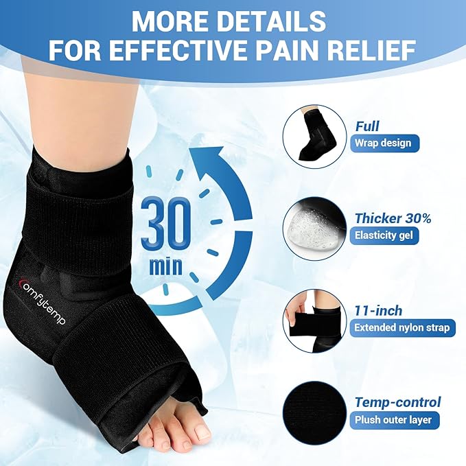 Comfytemp Large Ankle Foot Ice Pack Wrap for Plantar Fasciitis Relief, Feet Brace for Sprained Ankle, Heel Spur, Swelling, Tendonitis, Pain, Hot & Cold Therapy, Surgery Get Well Gift, 1 Pack (Black)