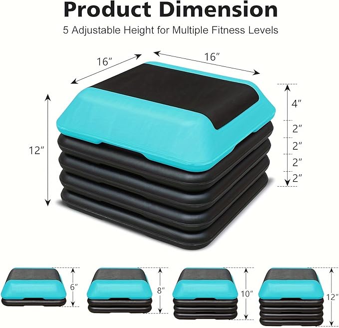 16" x 16" Adjustable Workout Aerobic Exercise Step Platformwith Adjustable Risers, Non-Slip Rubber Surface for Home Gym Cardio Training