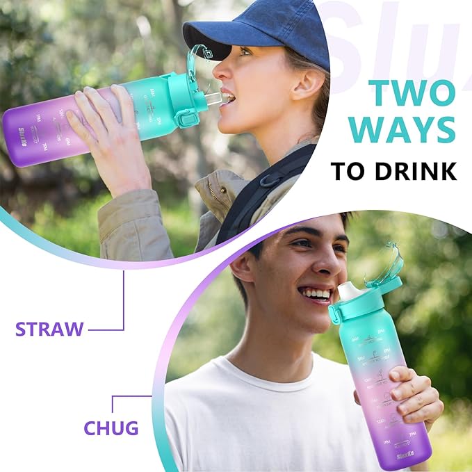 24oz Insulated Water Bottle with Straw and Spout Lids, 700ml 18/10 Stainless Steel Double Wall Vacuum Sports Water Jug, Leakproof Hydro Cup Flask for Men, Women & Kids GREEN PINK PURPLE