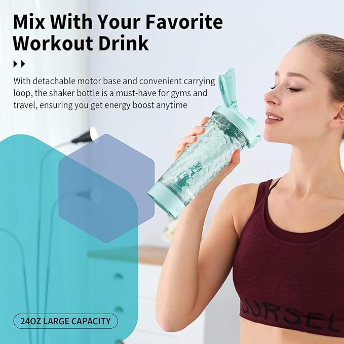 Electric Shaker Bottle, 24oz Lockable Blender Cup Electric Protein Shaker Bottles, Tritan USB C Rechargeable Mixer, Portable Shaker Cups for Protein Shakes for Men Women, Water Blue