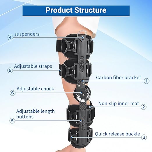 ROM Knee Brace with Shoulder Strap - Hinged Post OP Knee Brace Immobilizer Leg Braces Orthopedic Patella Knee Support Orthosis for ACL, PCL, MCL Injury, Meniscus Tear, Adjustable for Left and Right Leg