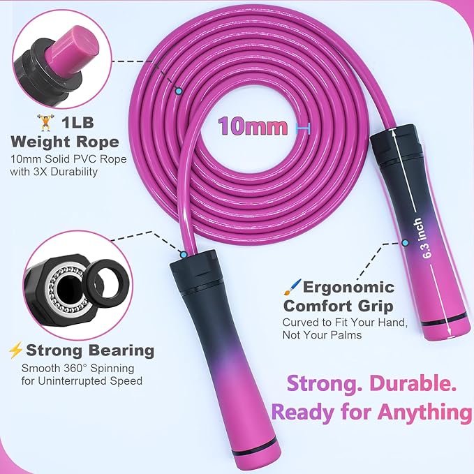 Weighted Jump Rope, 1LB Tangle-Free Ball Bearing Rapid Speed Skipping Rope for Men Women, Adjustable 9mm Cotton & PVC Rope with Alum Handle for Boxing MMA Weight-Loss Athletic Workout Fitness