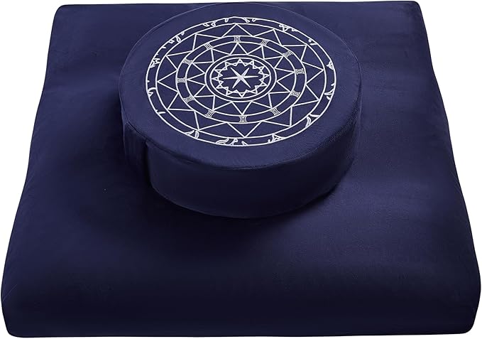 Zafu & Zabuton Meditation Cushion Set - Buckwheat Hull & Memory Foam Pillows, Ergonomic Support for Yoga, Mindfulness - Organic Velvet Cover, Large Size, Durable Comfort (Dark Blue)