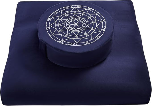 Zafu & Zabuton Meditation Cushion Set - Buckwheat Hull & Memory Foam Pillows, Ergonomic Support for Yoga, Mindfulness - Organic Velvet Cover, Large Size, Durable Comfort (Dark Blue)