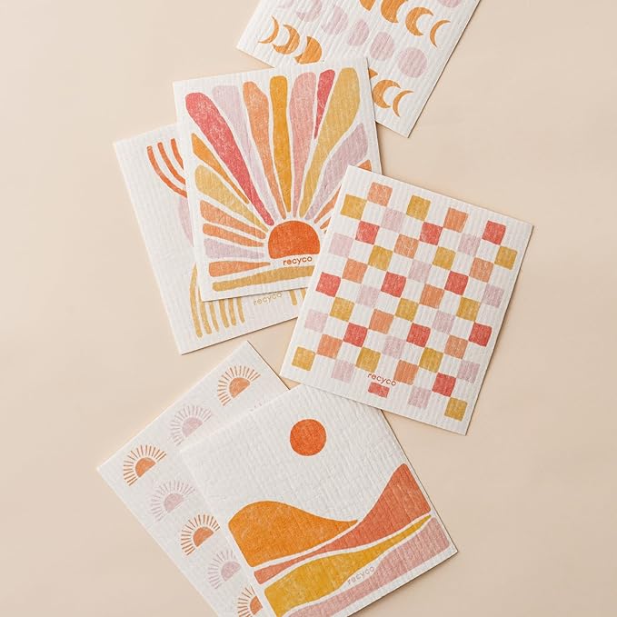 RECYCO Swedish Dishcloths for Kitchen | 6 Pack Desert Sunset Washable Dish Rags | Cellulose Reusable Cleaning Paper Towels | Absorbent Counter Dish Cloth Sponge Kitchen Wipes, 8" L x 7" W