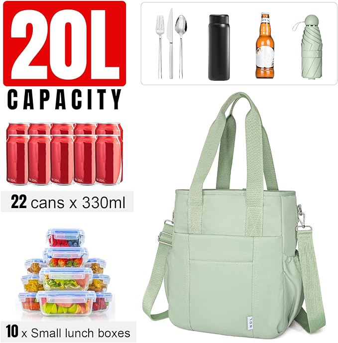 NOL Insulated Lunch Bag for Women, Large Spacious Lunch Tote Bag With Removable Adjustable Shoulder Strap with Multi Pockets,Leakproof Cooler Bag,Lightweight Nylon Waterproof Lunch Box For Work,Green
