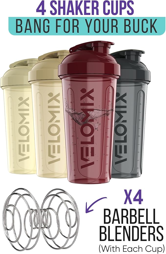 -4 PACK- 28 oz Protein Shaker Bottle for Protein Mixes - 4x Wire Whisk | Leak Proof Shaker Cups for Protein Shakes | Protein Shaker Bottle Pack | Protein Shake Cup (Burgundy Pack)