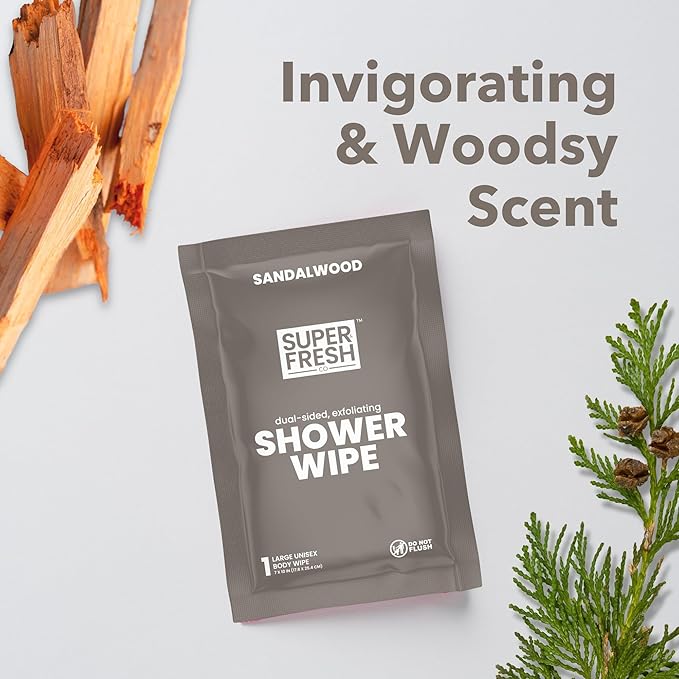 Super Fresh Shower Wipes Large Sandalwood Body Wipes for No Rinse Bathing Personal Hygiene Gym Travel or Camping Enriched with Aloe and Vitamin E 10 Individually Wrapped Disposable Sheets