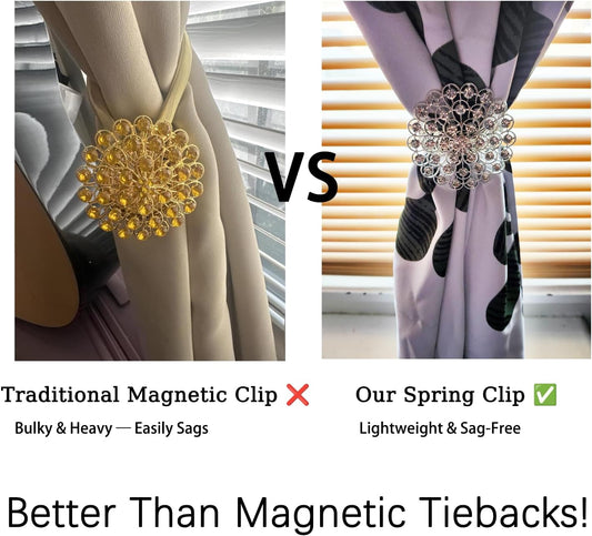 2 Pack Crystal Flower Curtain Tiebacks – Decorative Spring Wire Buckle Clips with Sparkling Rhinestone Flower Design, No Drilling, Easy Fit for Drapes & Sheers