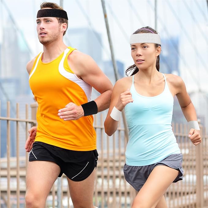 Civaner 12 Pcs 80s 90s Sweatbands Neon Headbands Wristbands for Men Women Party Sports Cotton Headbands Terry Cloth Athletic Sweat Bands for Tennis Football Gym Workingout Accessories