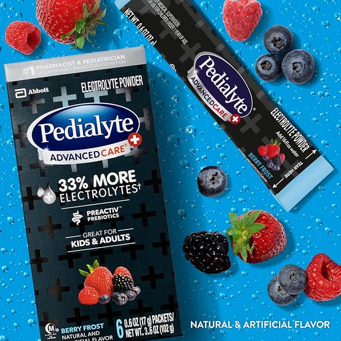 Pedialyte AdvancedCare Plus Electrolyte Powder, Has 33% More Electrolytes and PreActiv Prebiotics, Berry Frost, 18 Powder Packets