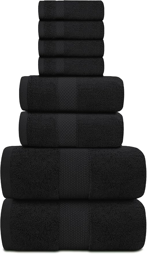 White Classic Luxury Bath Towel Set of 8 Pieces - 100% Turkish Cotton Highly Absorbent Towels for Bathroom, 2 Luxury Bath Towels 700GSM, 2 Hand Towels, 4 Washcloths, Black
