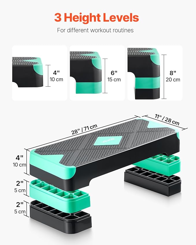 VEVOR Aerobic Exercise Step Platform, 28-Inch Workout Aerobic Stepper, Height Adjustable Fitness Training Step Deck Trainer with 4 Risers, Non-Slip Surface Bench for Home Gym Cardio Strength