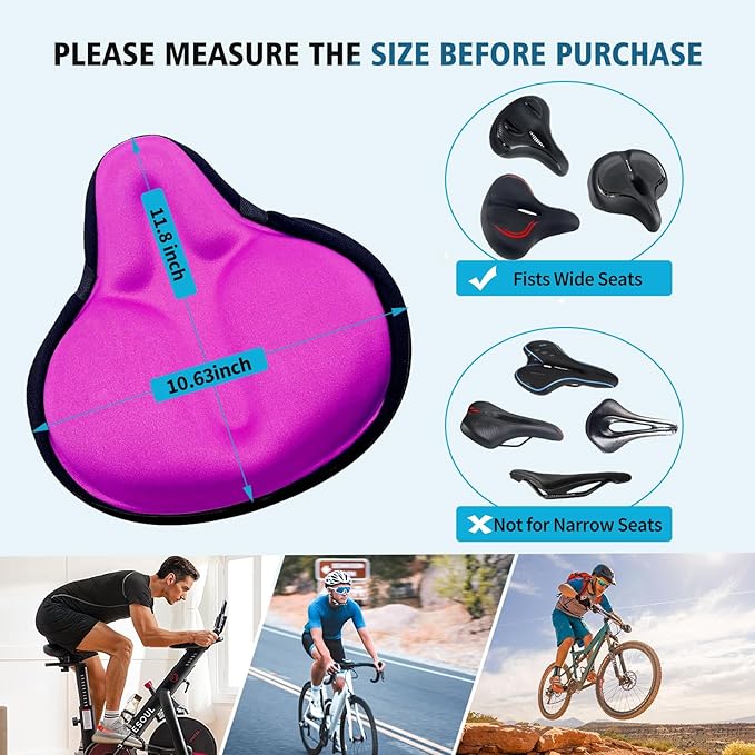 Bike Seat Cover, HUIOK Wide Gel Exercise Bike Seat Cushion for Women Men Comfort, Fits Spin, Stationary and Cruiser Bikes, Indoor Outdoor Cycling, Water Dust Resistant Cover Included