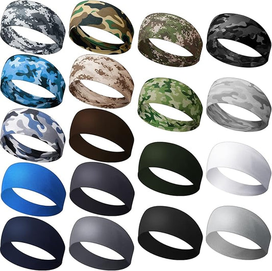 18 Pcs Sports Sweatbands for Men Women Camo Headbands Workout Non Slip Headbands Breathable Head Band Fitness Stretchy Unisex Hairband for Yoga Running Cycling Ball