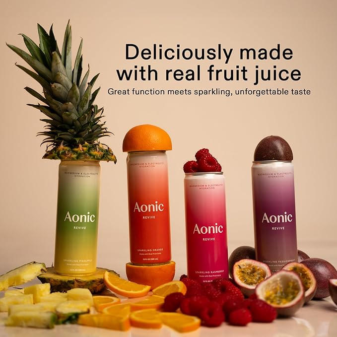 Aonic Revive Sparkling Passionfruit – Electrolyte Hydration with Magnesium + Potassium, Delicious Taste, Real Fruit Juice, 12oz (12 Pack)