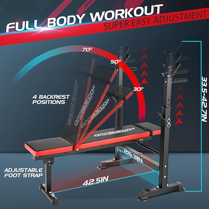 OPPSDECOR 660lbs 6 in 1 Weight Bench Set with Squat Rack, Workout Bench with Leg Extension Preacher Curl Rack Multi-Function Bench Press Set for Home Gym, ZWX1113 New Version Weight Bench