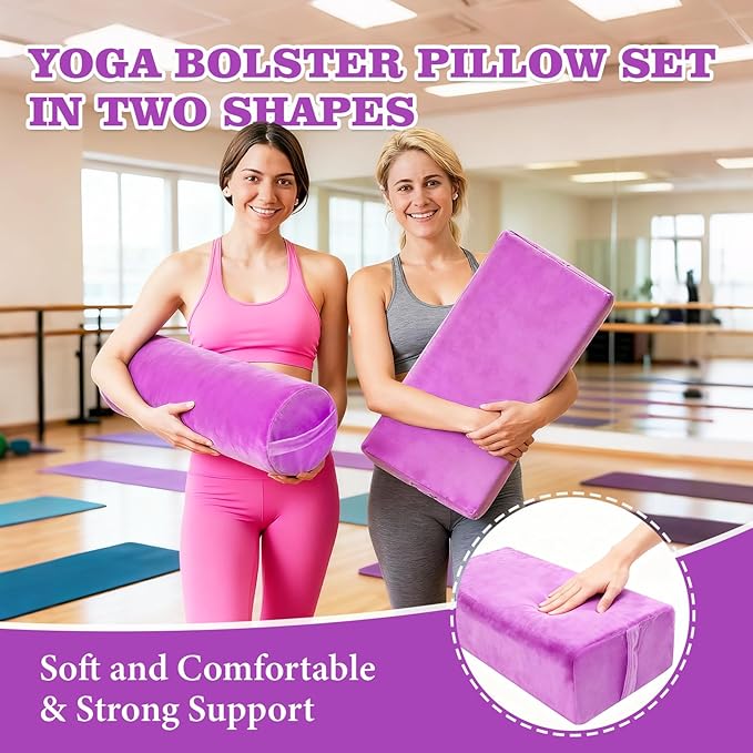 2 PCS Yoga Bolster Pillow Set Washable Velvet Cover Meditation Bolster with High Density Foam and Carry Handle Rectangular and Cylinder Bolsters for Restorative Yoga