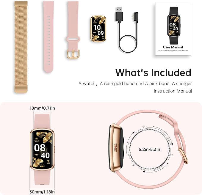 Health Fitness Tracker, Smart Watch with 24/7 Heart Rate and Blood Pressure Monitor, Activity Tracker with Blood Oxygen, 120 Sport Mode Waterproof Sleep Tracker for Women Men (Pink Gold)