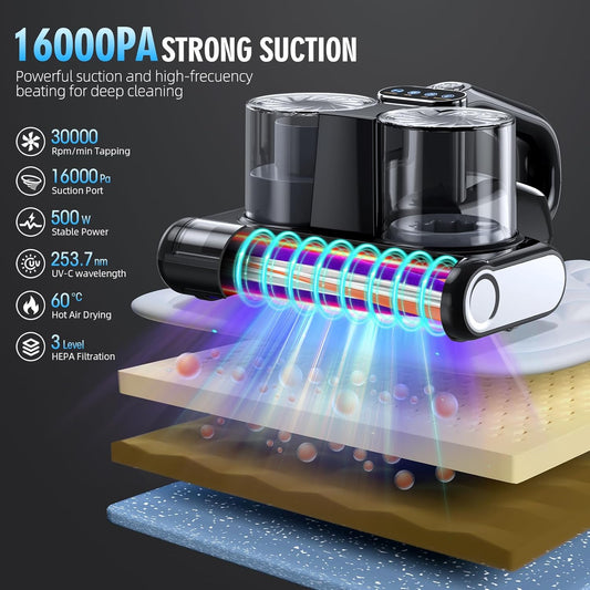 Mattress Vacuum Cleaner, 16Kpa Bed Vacuum Cleaner with 253.7nm UV-C Light & Heating & Ultrasonic Quintuple Tech & 30000 RPM/Min Brushroll Rotation, 500W, Corded