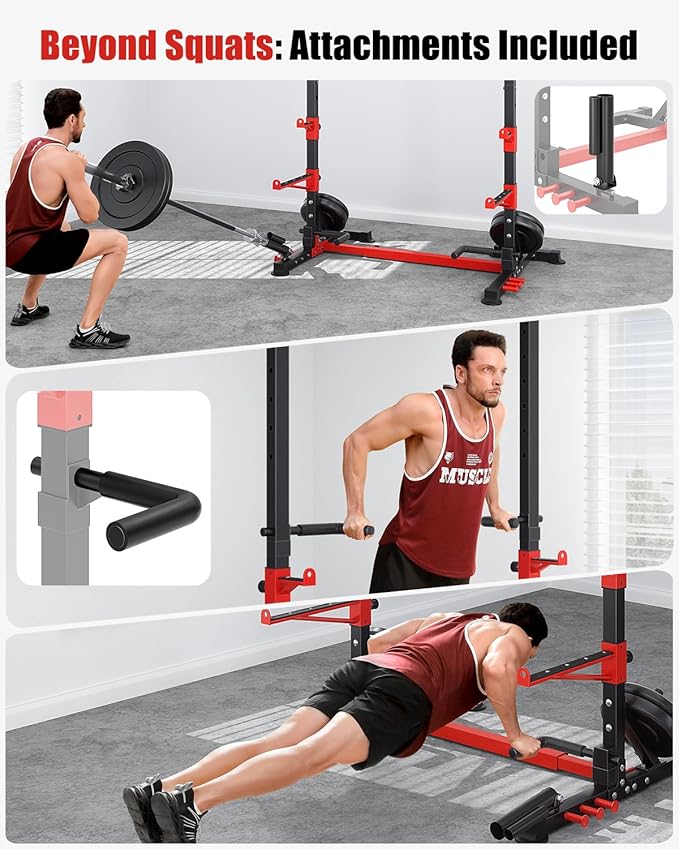 YOLEO Squat Rack with Adjustable Pull-Up Bar & Extended Safety Arms, Multi-Functional Power Racks Squat Stand for Home Gym, Garage & Basement, 35"-67" Width, Fixed 83” Frame Height, Pull-Up Bar Height 71.5"-80.5", Fits 6FT & 7FT Barbells