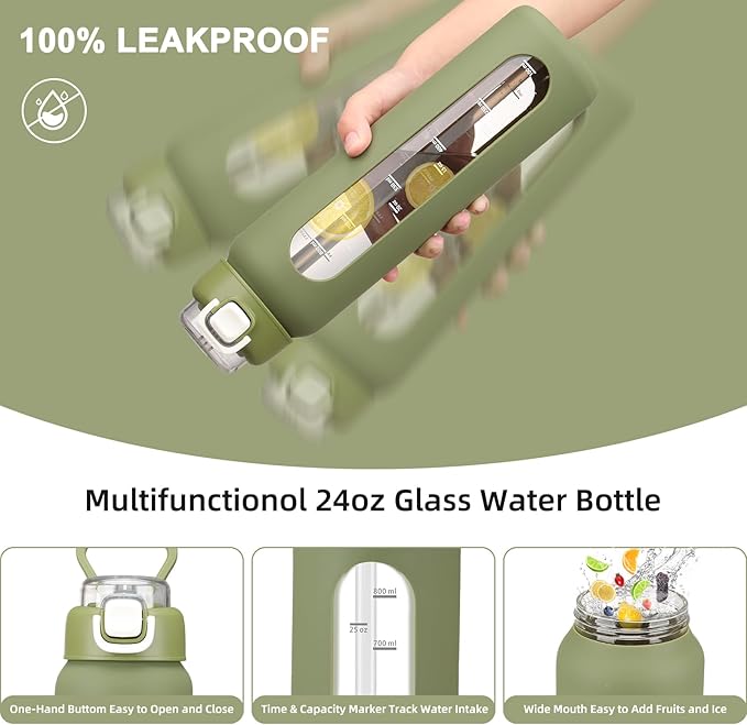24 oz Glass Water Bottles with 2 Lids-Handle Spout Lid & Straw Lid, Motivational Water Bottle with Time Marker and Silicone Sleeve,Leakproof-Army Green-1 Pack