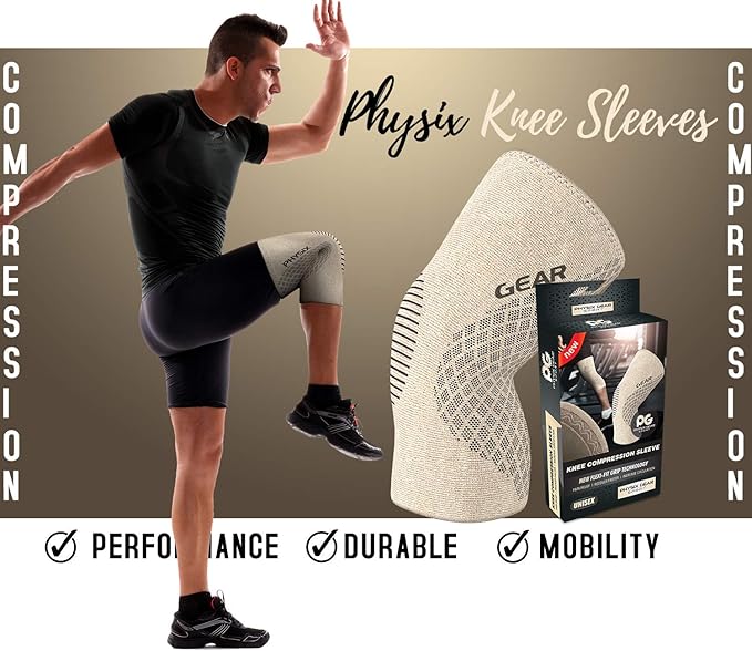 Physix Gear Knee Compression Sleeve for Men & Women - Best Compression Knee Brace for Walking, Running, Gym, Basketball, Weightlifting,Workout, Sports - Knee sleeves Support Compression & Stability