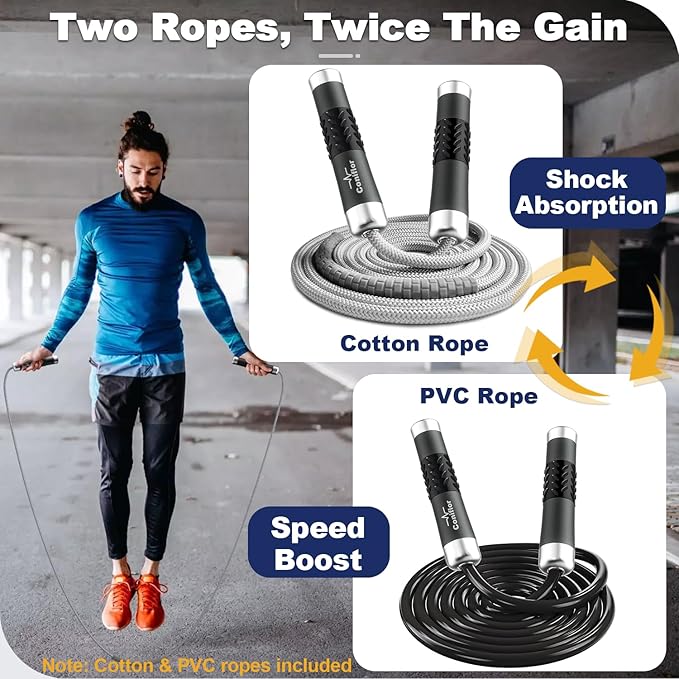Weighted Jump Rope, 1LB Tangle-Free Ball Bearing Rapid Speed Skipping Rope for Men Women, Adjustable 9mm Cotton & PVC Rope with Alum Handle for Boxing MMA Weight-Loss Athletic Workout Fitness