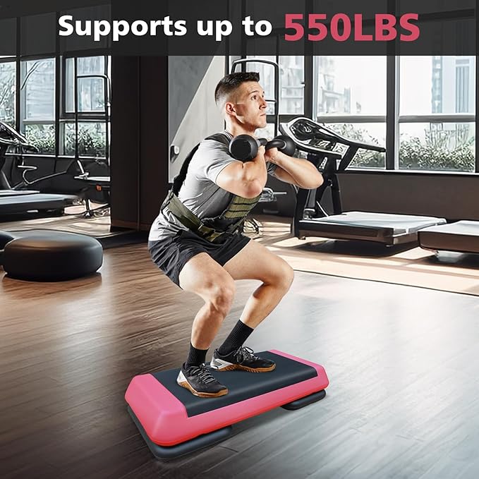 28.5'' Exercise Aerobic Step Platform, 4-6-8inAdjustable Fitness Stepper Workout with 4 Stackable Risers, Aerobics Stepper Workout Stepper for Home Gym Cardio Strength & Training (Red & Gray)