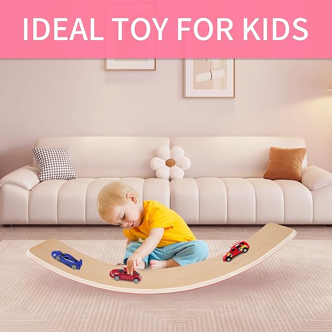 Balance Board, 32 Inch Wooden Wobble Board, Montessori Rocker Yoga Curvy Board Natural Wood, Open Ended Learning Toy, Sensory Play Equipment for Office & Classroom, Multiple Colors