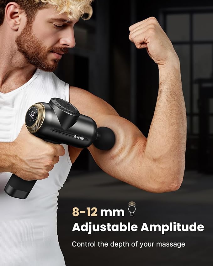 RENPHO Massage Gun Deep Tissue with 8-12mm Adjustable Amplitude Heavy-Duty, Percussion Professional Muscle Massager Gun with Portable Case for Athtetes & Home Use, Active EVO
