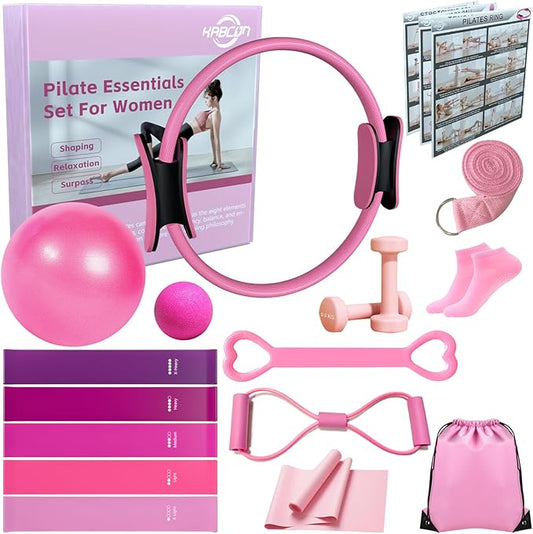 KABCON Pilates Equipment Essentials Set for Women at Home with Complete User Guide,13” Pilates Ring,9.8” Exercise Ball,Resistance Bands,Yoga Socks,Yoga Strap,13/14/16-Pcs Starter Workout Set