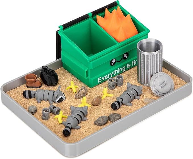 Stylor Dumpster Fire Zen Garden Desk Decor - 3D Print Plastic Miniature Sandbox with Raccoon & Flames, Humorous Office Stress Relief Gift, Includes Stones, Sand & Accessories