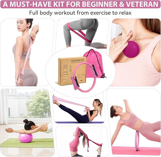 HASHMUST Pilates Ring Kit 12 PCS for Women, Home Workout Equipment with Magic Circle, Mini Exercise Ball, Resistance Bands, Massage Lacrosse, Yoga Strap, Full-Body Fitness Set for Toning & Gift