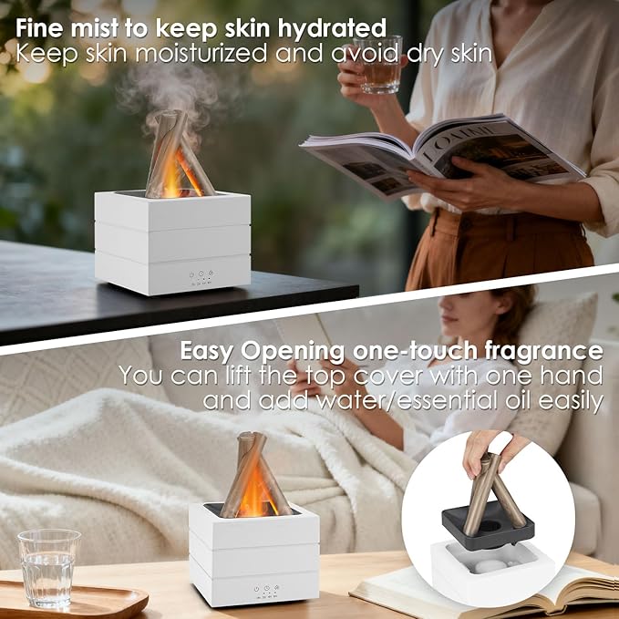 Campfire Flame Fire Diffuser, Bonfire Aromatherapy Essential Oil Diffuser, 280ml Wood Cool Mist Humidifier with 7 Colors LED Lights/Remote/Auto-Off, Fireplace Aroma Diffuser for Home Office Gift