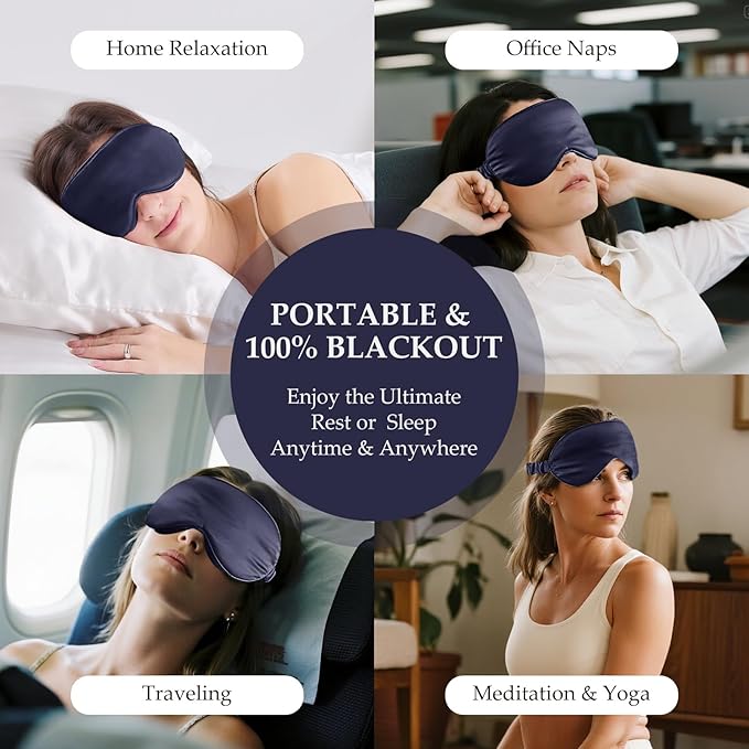 100% 22 Momme Mulberry Silk Sleep Mask with Adjustable Strap, 3D Contoured Cup Silk Eye Mask for Sleeping, Total Black Out, Navy Bule