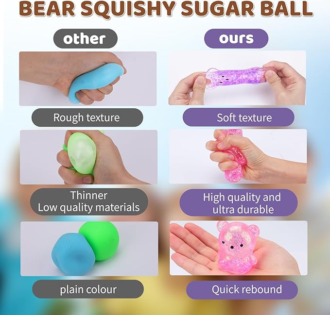 12Pack Fidget Toys Squishy ,Cute Bear Squeeze Ball , Stress Balls for Stress Relief,Pull Stretch Classroom Prize Party Favors Toys for Kids