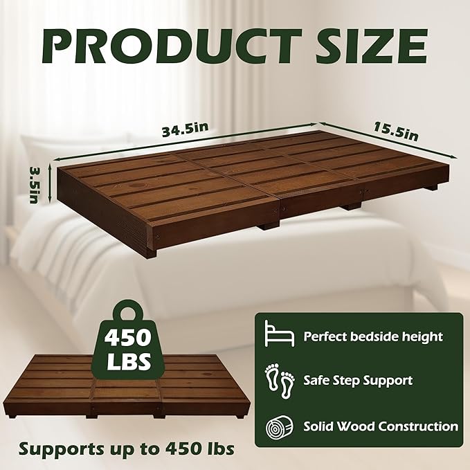 Outdoor Steps 3.5'' Height, Wooden Step Platform 35” Length, Step Stool with Non Slip Pads, Step Stools for Bed, Wooden Platform for Bathroom, Kitchen, Bed, Dark Brown