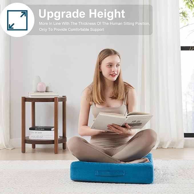 JKMAX 2 Pcs High Density Foam Floor Pillow - Upgraded Large Pillows Seating for Adults - Outdoor Floor Cushion with Soft Tufted Cover - Yoga Pillows for Sitting On Floor - 22 Inch Peacock Blue