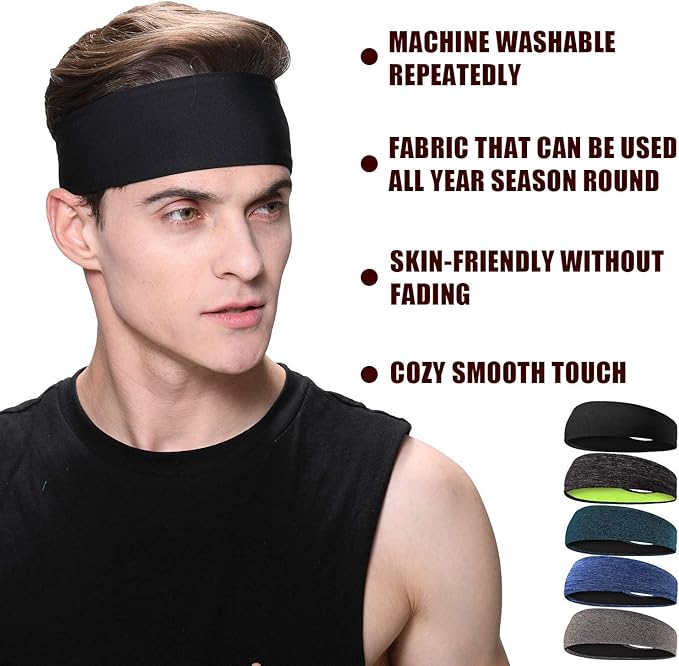 Braylin 5-Pack Breathable Sport Headbands for Men, Sweat-Wicking, Elastic Stretch