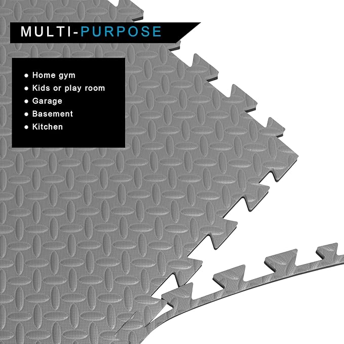 1 in Thick 48 Sq Ft EVA Foam Exercise Gym Mats 12 Pcs - Interlocking Puzzle Floor Tiles for Home Gym Heavy Workout Equipment Flooring - 24 x 24in Tile, Black & Gray