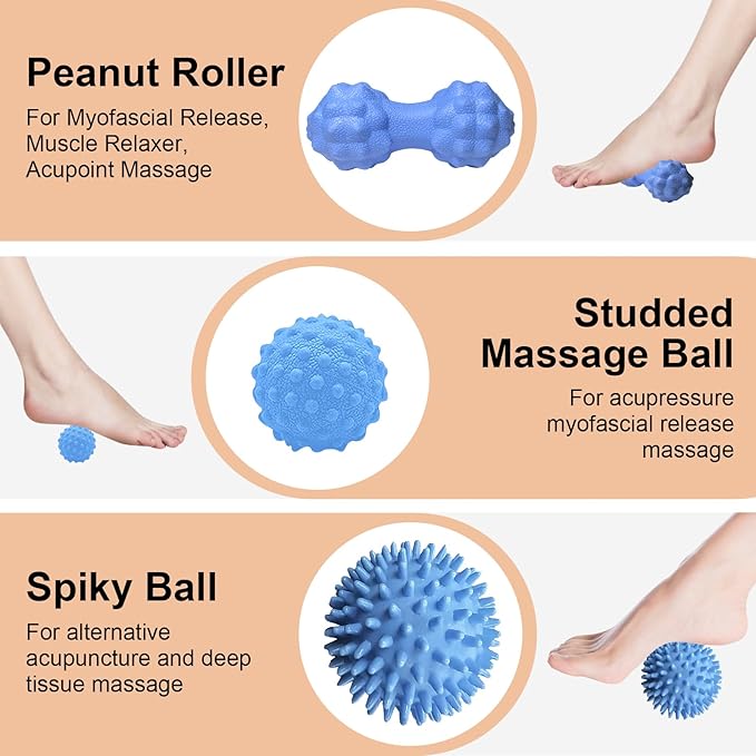 3 PCS Foot Massage Ball Roller Set with Lacrosse Ball, Spiky Ball, Massage Roller - Plantar Fasciitis Relief, Foot Massager for Muscle Pain Recovery, Trigger Point Therapy Tools