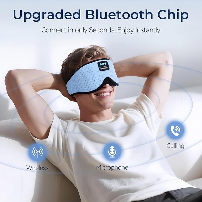 3D Sleep Mask with Bluetooth Headphones, Breathable Cotton Sleeping Headphones for Side Sleepers, Wireless Music Eye Mask with Timer, Gifts for Men Women, Blue